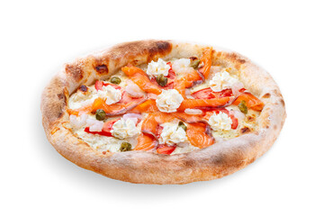 Philadelphia pizza with salmon, shrimps, tomatoes, mozzarella, capers, Philadelphia cheese. Neapolitan round pizza on white background