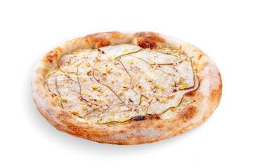 Pizza Gorgonzola with pear, walnuts, syringa sauce, truffle oil. Neapolitan round pizza on white background