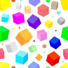 Colorful isometric cubes of different sizes and shapes on a white background, in a cartoon style. seamless pattern.