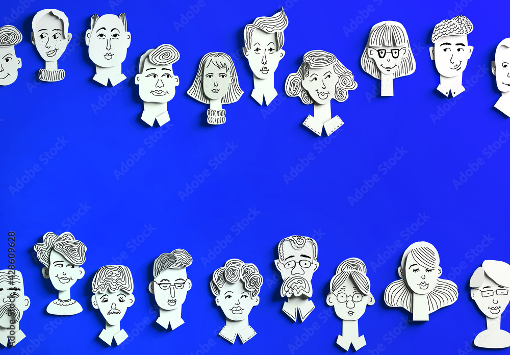 Wall mural Paper cut effect background, human's heads  with hand drawn faces, emotions. 3D render illustration with space for text