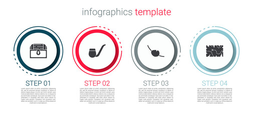 Set Antique treasure chest, Smoking pipe, Pirate eye patch and map. Business infographic template. Vector