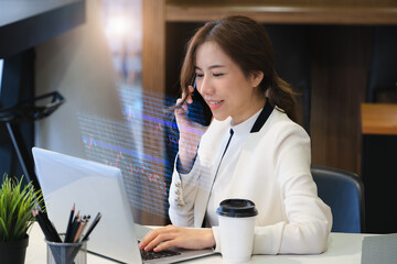 digital technology, Business woman using computer laptop to trade charts to find buy and sell points for her port.