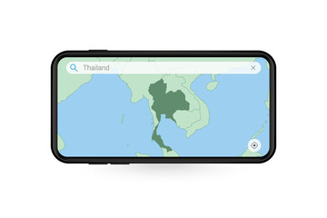 Searching map of Thailand in Smartphone map application. Map of Thailand in Cell Phone.