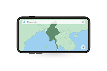 Searching map of Myanmar in Smartphone map application. Map of Myanmar in Cell Phone.