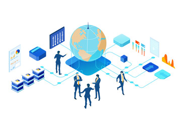 Isometric 3D business environment. Business management. Isometric office space, business people work around globe as symbol of generating fresh content and new ideas. Infographic illustration