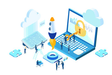 Fototapeta na wymiar Isometric 3D business environment. Isometric server room space, business people work around rocket as symbol of generating fresh content and new ideas. Infographic illustration