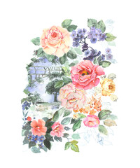 Flowers watercolor illustration.Manual composition.Big Set watercolor elements，Design for textile, wallpapers，Element for design,Greeting card