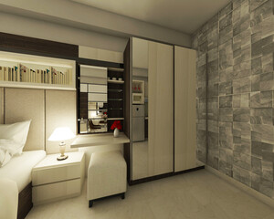 Minimalist dressing table and wooden wardrobe clothes in the bedroom with dim lighting decoration