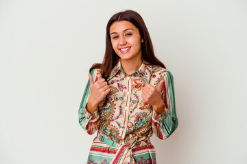 Young Indian woman isolated on white background raising both thumbs up, smiling and confident.