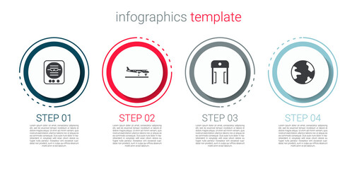 Set Attitude indicator, Plane, Metal detector airport and Worldwide. Business infographic template. Vector
