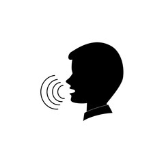 man's speech on white background. vector of male head with sound vibration, boy speaking, man talking, Flat design illustration man with sound waves, man head front view, man's sound icon