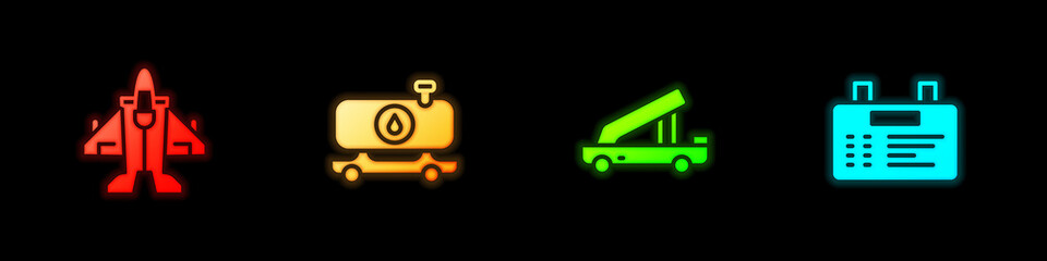 Set Jet fighter, Fuel tanker truck, Passenger ladder and Airport board icon. Vector