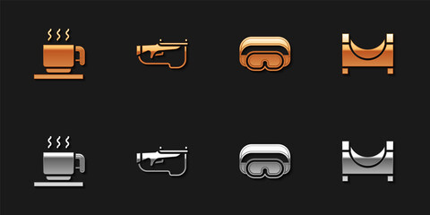 Set Hot chocolate cup, Biathlon rifle, Ski goggles and Skate park icon. Vector