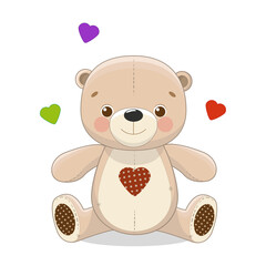 Cartoon Teddy bear with hearts.  Colorful clipart. Cute design for t shirt print, icon, logo, label, patch or sticker. Vector illustration.
