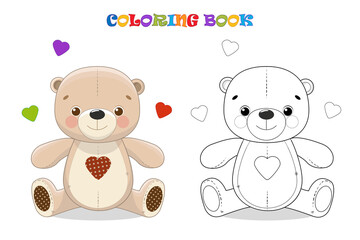 Cartoon Teddy bear with hearts. Coloring page and colorful clipart. Cute design for t shirt print, icon, logo, label, patch or sticker. Vector illustration.