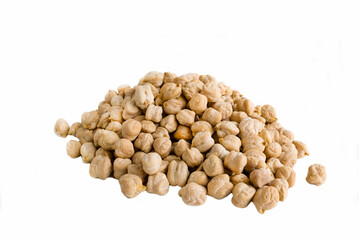 Dry chick peas on a white background.