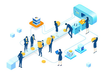 Isometric 3D business environment. Isometric factory environment. Business people work around conveyer belt as symbol of generating fresh content and new ideas. Infographic illustration