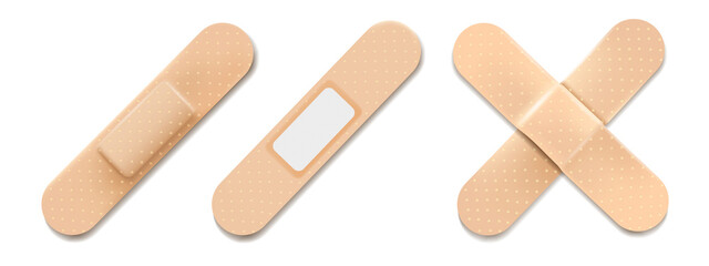 set of elastic medical plaster or adhesive plaster. Plasters isolated on a white background. Elastic medical plaster realistic on white background, 3D vector