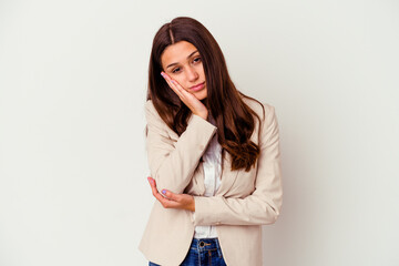 Young Indian business woman isolated on white background who is bored, fatigued and need a relax day.