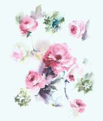 Flowers watercolor illustration.Manual composition.Big Set watercolor elements，Design for textile, wallpapers，Element for design,Greeting card