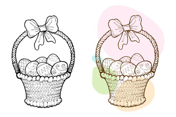 Basket of Easter decorated eggs. vector hand drawn outline illustration. Holiday decor element.