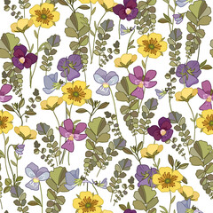 Floral background with pansy flowers and wildflowers. - 428614473