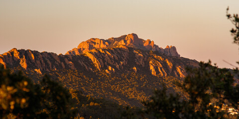 peaks of a mountain range at sunset or sunrise