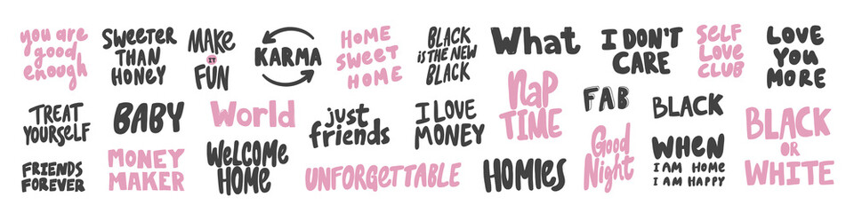 Vector hand drawn collection set of calligraphy lettering quotes and words. Pink and black color