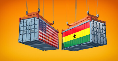 Freight containers with USA and Ghana national flags. 3D Rendering 