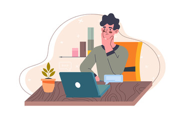 Young male character is working as a freelance content maker