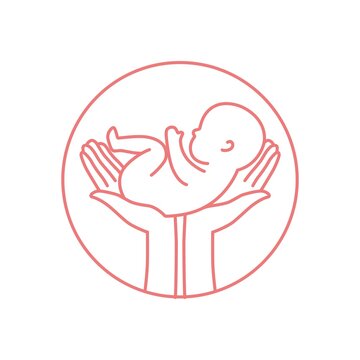 Line logotype with newborn and caring hands. Stylish logo for a prenatal or reproductive clinic, pregnancy brochure, surrogacy agency. Round frame, elegant isolated icon.
