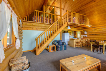 Modern dining room in log cabin or luxury house.