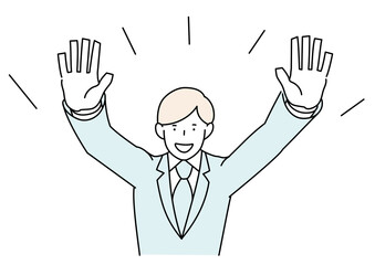 両手を上げるスーツの男性　正面