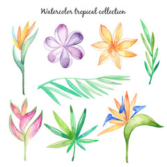 Obraz na płótnie Canvas Watercolor tropical flowers and leaves