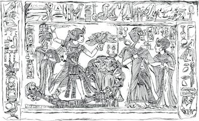 Fototapeta na wymiar Sketch of the relief Pharaoh Tutankhamun hunting engraved at Tutankhamun’s gold shrinesat, altar. Tomb of Tutankhamun (c. 1370-1352 BC) Sketch collection
