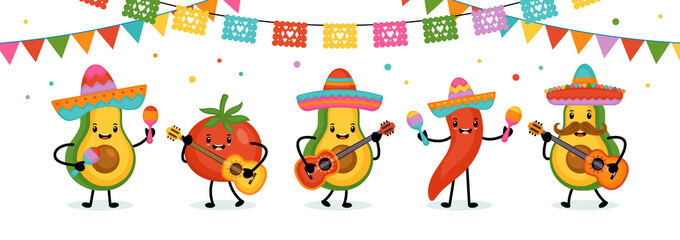 Cinco de Mayo Mexican Holiday greeting card design cute funny avocado, hot pepper and tomato characters.