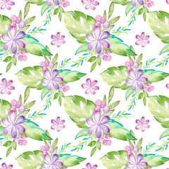 Watercolor tropical seamless pattern with flowers and leaves