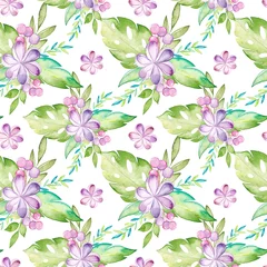  Watercolor tropical seamless pattern with flowers and leaves © DesignToonsy
