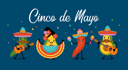 Cinco de Mayo Mexican Holiday greeting card design cute funny avocado, hot pepper and tomato characters.