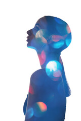 Double exposure silhouette. Female dream. Fantasy inner world. Colorful bokeh light in blue...