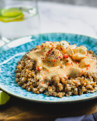 buckwheat grain (greek) with bechamel sause paprika and chicken