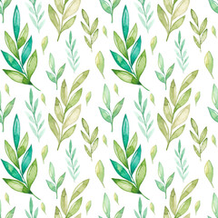 Naklejka premium Watercolor green leaves seamless pattern