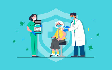 Fototapeta premium COVID-19 Vaccine injection concept. A doctor injects vaccine to elderly patient vector illustration