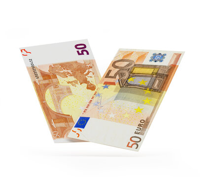 Two sides of fifty euro banknote isolated on white background. 3D illustration 