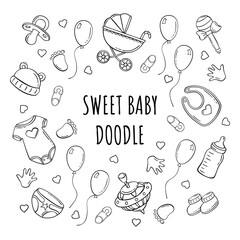 Hand drawn set of baby elements icons in doodle sketch style. Vector illustration for icon, background, frame design. - obrazy, fototapety, plakaty