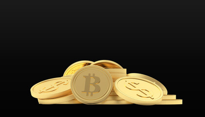 Heap of gold dollar and bitcoin coins isolated on black background. 3D illustration 