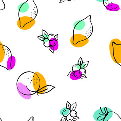 Blue and Red Apricot and Lime Vector White Seamless Pattern. Adorable Orange and Berry Background. Bright Apple and Peach Cute Design.