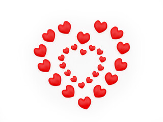 A lot of red hearts in the shape of a heart isolated on a white background. 3D illustration 