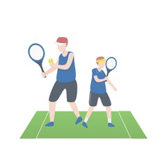 Father and son play sports and do activity together in holiday,support learning and confident assertiveness in children,Develop ability talent in future,vector illustration.