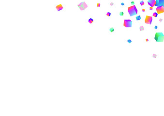Holographic Box Vector White Background. Bright Abstract Polygon Wallpaper. Geometric Confetti Pattern. Gradient Brick 3d Presentation.